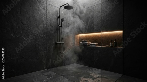 Modern minimalist bathroom interior with dark slate tiles, matte black shower fixtures, and rising steam in a luxury spa setting.
