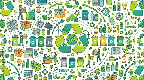 Sustainable lifestyle seamless pattern with environmental icons and nature elements
