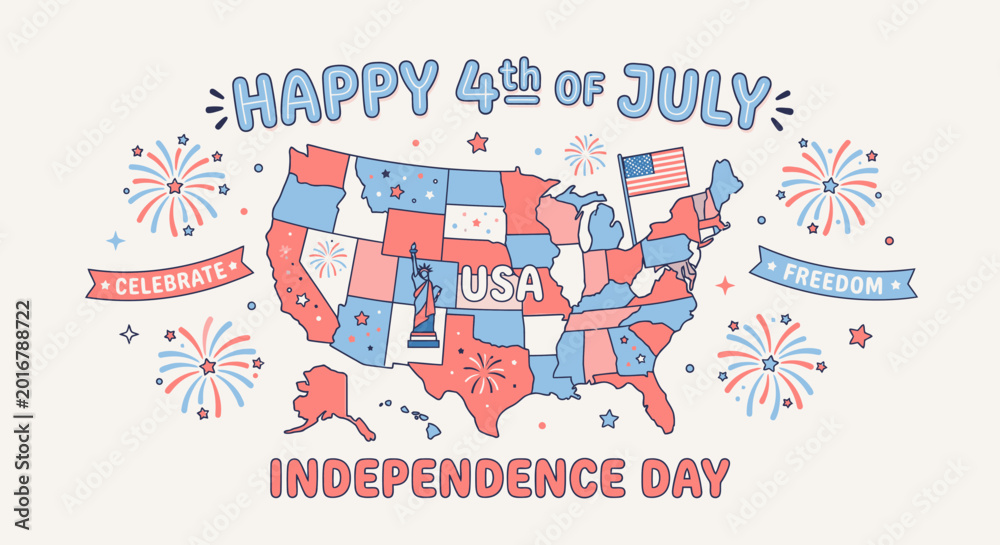 Obraz premium Colorful celebratory illustration of the United States map highlighting Independence Day patriotic symbols and festive fireworks