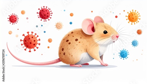 Whimsical mouse with light brown coat and darker spots surrounded by colorful virus particles