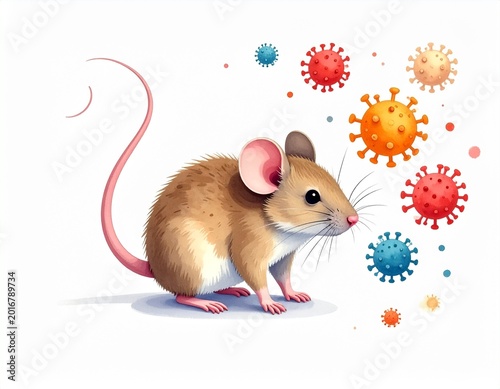 Whimsical illustration of a brown mouse with colorful virus particles floating nearby on white background