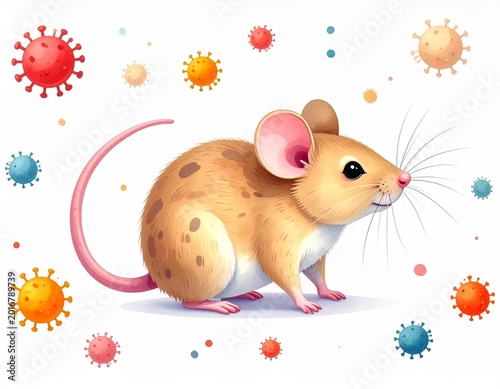Whimsical mouse with light brown coat surrounded by colorful virus particles on white background