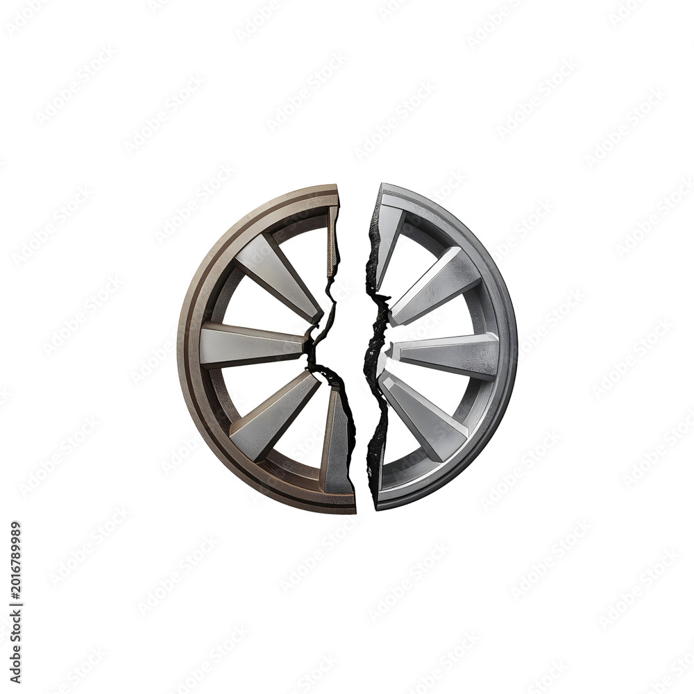 Obraz premium Broken metallic wheel split in half isolated on black background