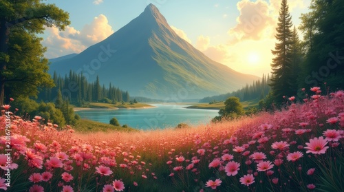 Beautiful mountain landscape with a calm lake and pink flowers blooming in a meadow at sunrise in the wilderness with warm morning golden light