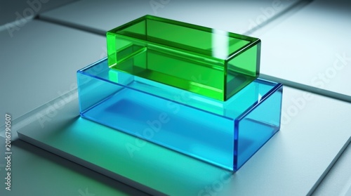 Two stacked rectangular glass blocks in green and blue colors reflecting light on a smooth surface for modern design and architectural concepts