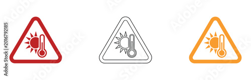Foto High temperature warning icon set featuring heat alert symbols in black, gray, and orange color variations