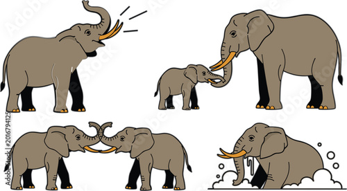 Canvas Print Cartoon Elephant Family Activity Vector Set Featuring Safari Wildlife Interactio
