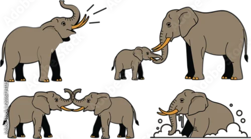 Obraz Cartoon Elephant Family Activity Vector Set Featuring Safari Wildlife Interaction Playful Animal Characters and Nature Illustration Collection