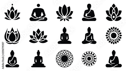 Tableau sur toile Set of 12 black geometric silhouette icons featuring buddha and lotus flowers in