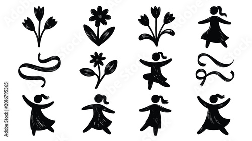Foto Collection of hand drawn silhouettes of people dancing with flowers and plants o