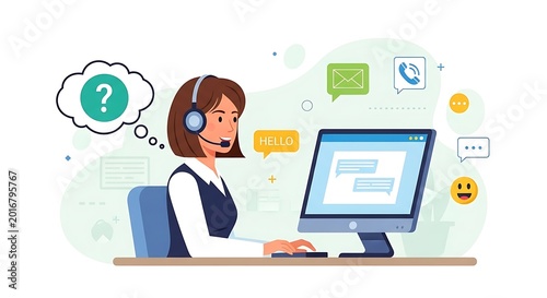Customer service representative with headset working on computer illustration