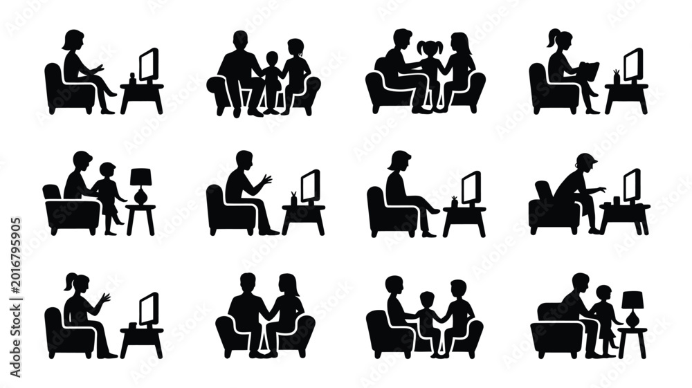 Fototapeta premium Family and friends relaxing and socializing in silhouette living room modern minimalist style group activities watching chatting reading
