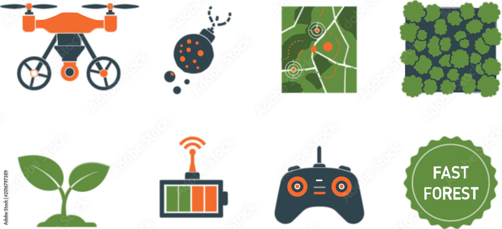 Fototapeta premium Forest Drone Monitoring Icon Set with Smart Farming Mapping Tree Plantation Battery Control and Environmental Technology Vector Elements
