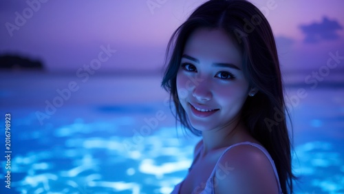 Beautiful Young Woman at Beach with Bioluminescent Water