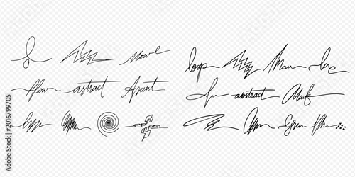 Canvastavla Set of abstract handwritten signatures and scribbles, vector illustration on transparent background
