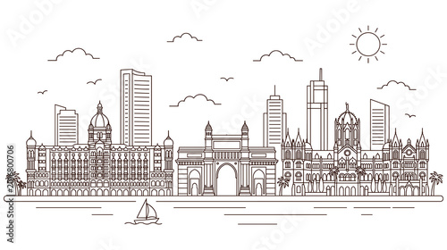 Indian city skyline with historical buildings and modern skyscrapers.