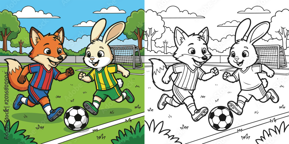 Naklejka premium pet animals playing chasing football soccer cartoon vector illustration lineart and clipart for children coloring book