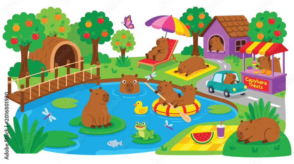 Naklejka premium Family of cute capybaras having fun and relaxing in garden with pond area.