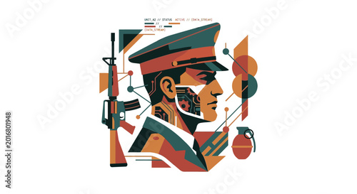 Photography Military soldier portrait with weaponry stylized vector illustration on white ba