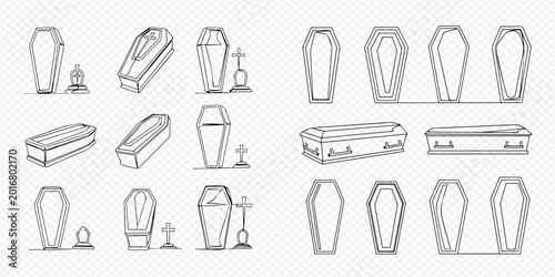 Canvastavla Set of hand-drawn coffins and caskets, outline sketches for funeral and burial designs, isolated on transparent background