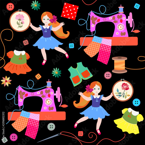 Beautiful seamless pattern with fashion studio. Beautiful girls - embroiderer...
