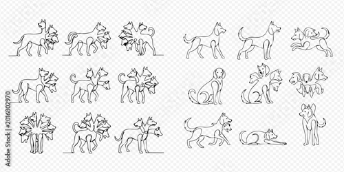 Foto Continuous line drawing of Cerberus, the mythical multi-headed dog, in various poses, representing ancient Greek mythology and fantasy creatures
