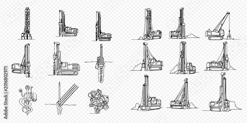 Fotografía Set of various drilling rigs and construction equipment in sketch style, illustrating industrial machinery and engineering processes