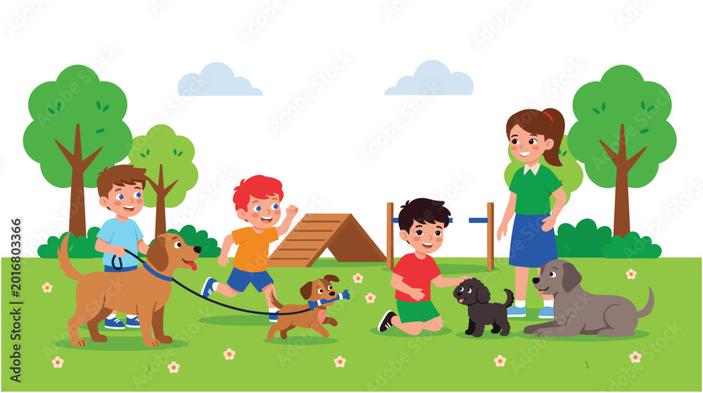 Obraz premium Happy children playing with pet dogs in sunny park outdoor activity.