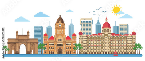 Obraz na płótnie mumbai city skyline with famous landmarks and architecture illustration