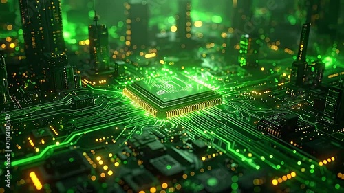 A glowing central processing unit on a complex digital circuit board
