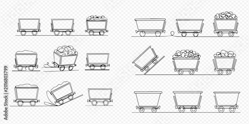 Bild auf Leinwand Set of outline mine carts, empty and full of ore, in various positions and states, isolated on transparent background
