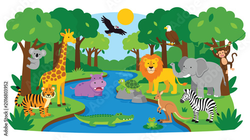 Photography Diverse wild animals gathering by river in forest landscape scenery