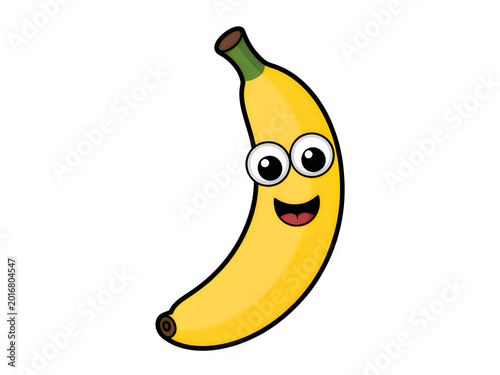 Cartoon illustration of a happy yellow banana character with big eyes and a wide smile isolated on a transparent background