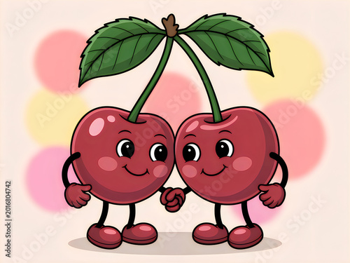Adorable anthropomorphic cartoon cherries holding hands with a cheerful smile and cute eyes