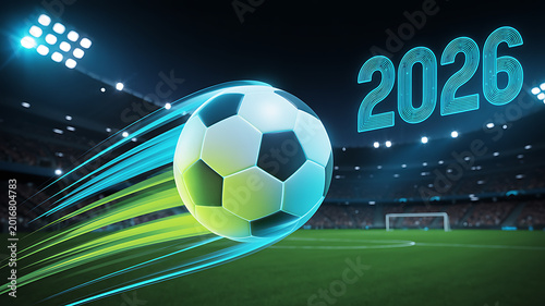 Futuristic soccer ball flying with blue and green motion trails over night stadium grass towards goal post under bright floodlights with glowing two thousand twenty six text on side.
