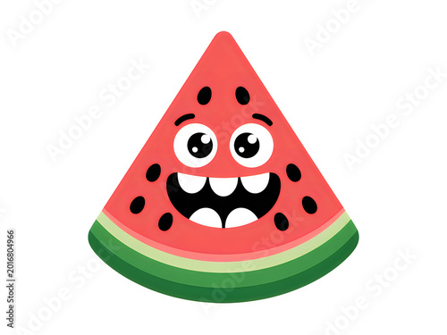 Funny cartoon slice of watermelon character with a big happy smile and wide eyes isolated on transparent background