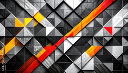 Abstract geometric mosaic with diagonal red & yellow lines, textured