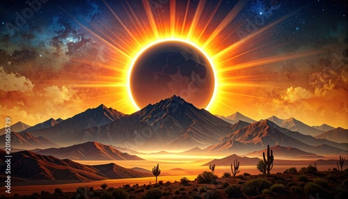 Dramatic cosmic event over a desert landscape with mountains and celestial show