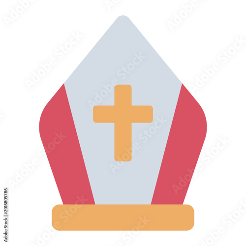 papal mitre flat icon. Pope hat. Tall pointed bishop hat with cross. Catholic headwear and religious symbol. Vatican and church