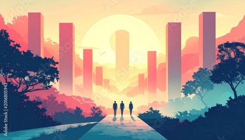 Silhouetted figures walk toward stylized pillars under a warm, glowing sun