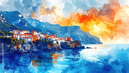 Watercolor coastal town at sunset with mountains and vibrant sky