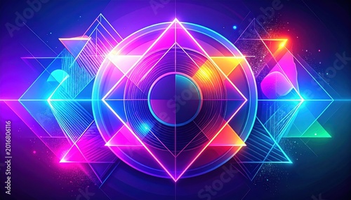 Geometric neon shapes, vibrant colors, symmetry, abstract digital art