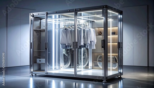 Modern, illuminated wardrobe with clothes and storage compartments