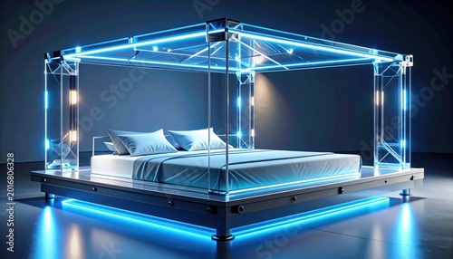 Futuristic bed with neon light frame and a reflective base