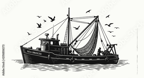 Obraz na płótnie Fishing boat illustration with seagulls vintage engraved style