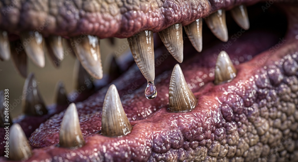 Fototapeta premium An extreme macro photograph focusing on the front of the Giganotosaurus's jaw. The shot highlights the glistening, wet texture of the gums and the razor-sharp edges of the teeth.