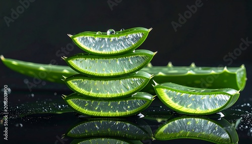 Aloe vera slices on black background.