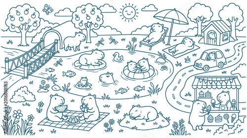 Bild auf Leinwand Capybara animal scene coloring page with pond picnic and ice cream shop art
