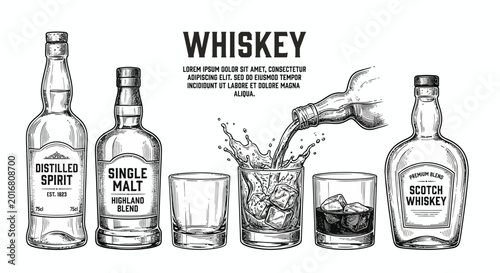 Cuadro en lienzo whiskey bottles and glasses vintage engraved style illustration
