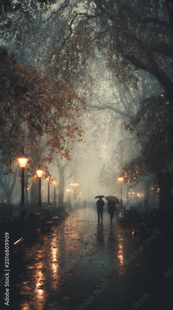 Fototapeta premium Misty park path with umbrella in rain and glowing lamp light, two person walking on wet walkway under trees, cozy autumn mood